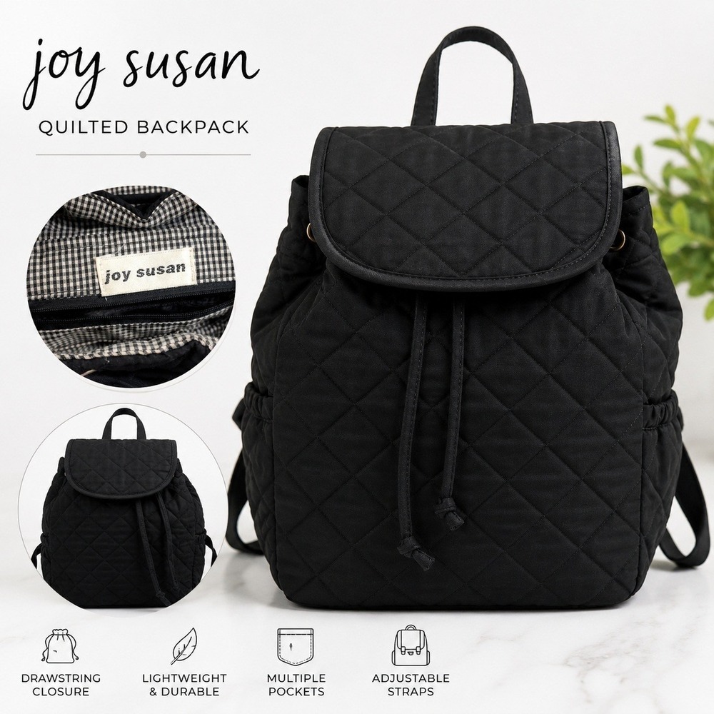 Joy Susan Black Quilted Backpack Purse Drawstring Flap Lightweight Everyday Bag